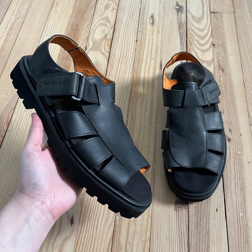 Timberland Fisherman Sandals Mens 10 Black Leather Lug Sole Platform 84042